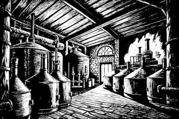 Vintage Brewery Interior Illustration with Copper Tanks and Wooden Ceiling