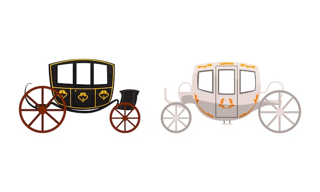 Vector vintage brougham set ancient carriage for people transportation flat vector illustration