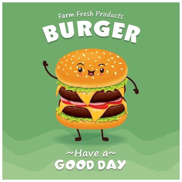 Vintage burger poster design set with vector burger character.