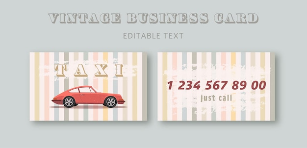 Vintage business card for taxi car service with red retro car Editable text