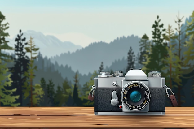 vintage camera lies in the forest on a wooden stump