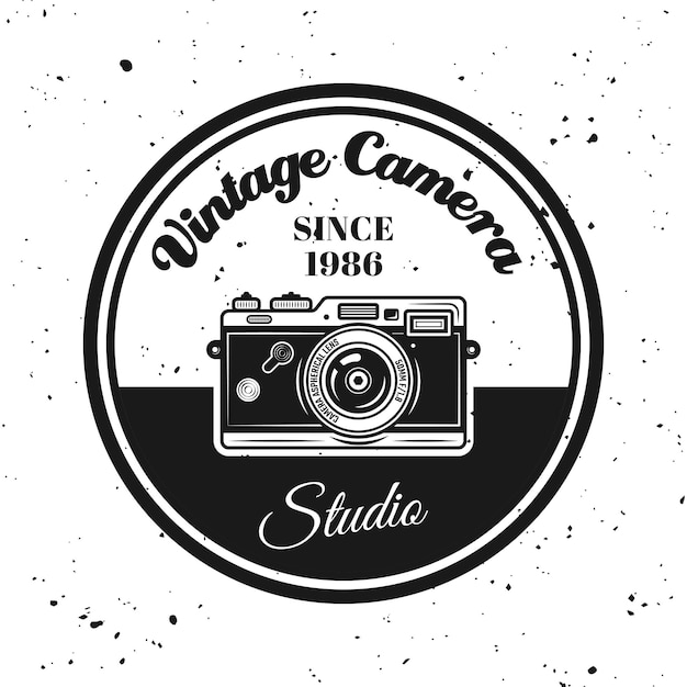 Vintage camera vector round emblem, label, badge or logo in monochrome style on textured background