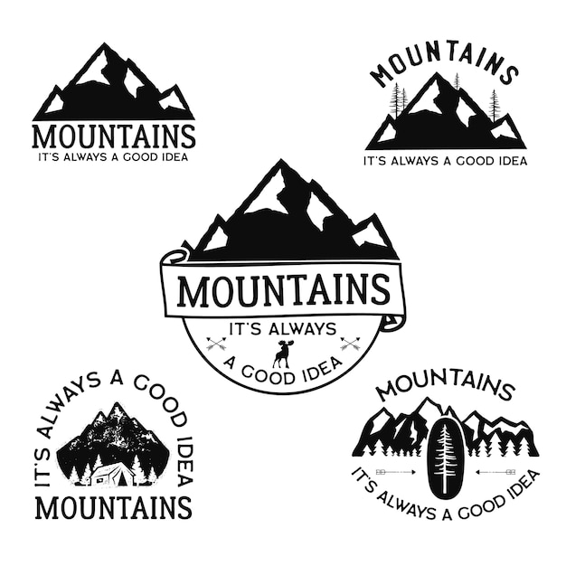 Vintage camp logos, mountain badges set.