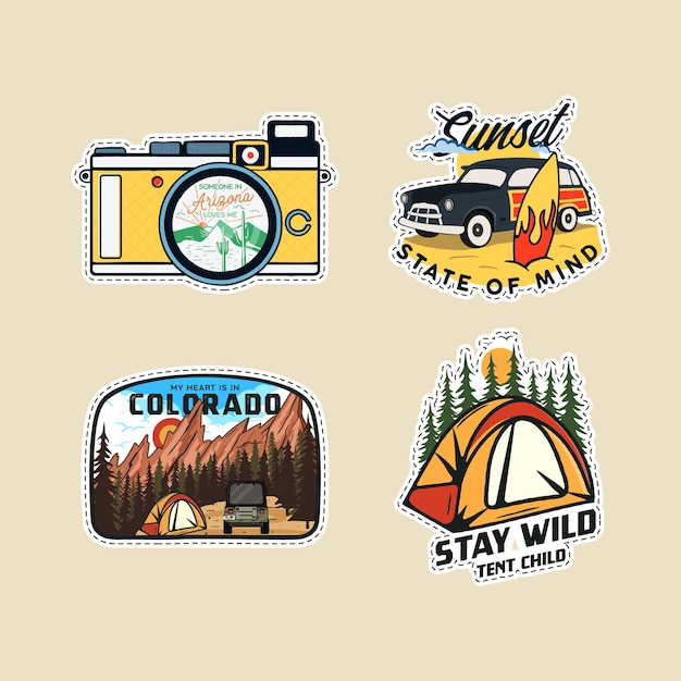 Vintage camp patches logos, mountain badges set