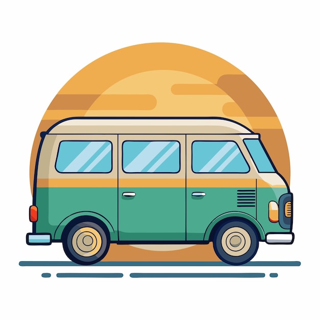 Vintage Camper Van with Sunset Background