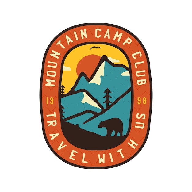 Vintage camping logo badge featuring wildernessthemed design including mountains landscape and bear Stock vector travel label isolated