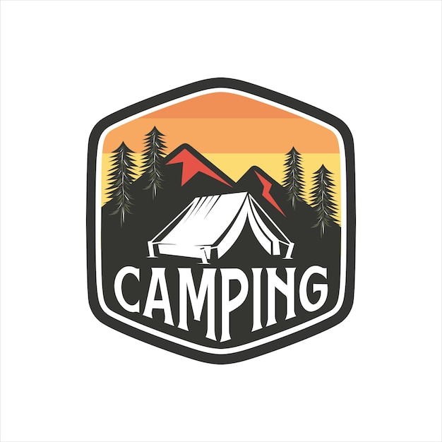 Vintage camping and outdoor adventure emblems logos and badges Camp tent in forest or mountains