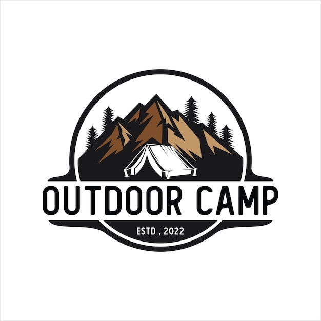 Vintage camping and outdoor adventure emblems logos and badges Camp tent in forest or mountains