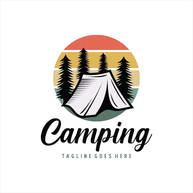 Vintage camping and outdoor adventure emblems logos and badges Camp tent in forest or mountains