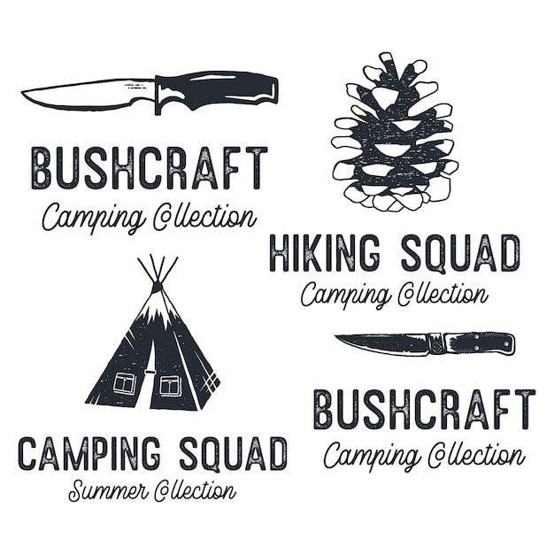 Vintage Camping Silhouette Badges with quotes Camping Squad Travel Monochrome Emblems Hiking Logo Designs Set Stock vector graphics