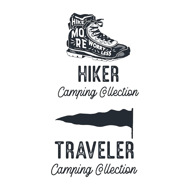 Vintage Camping Silhouette Badges with quotes Hiker Outdoor Collection Travel Monochrome Emblems Hiking Logo Designs Set Stock vector graphics