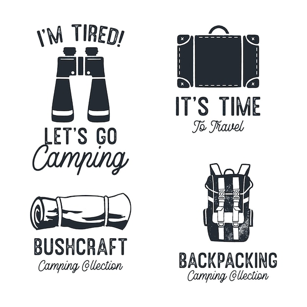 Vintage Camping Silhouette Badges with quotes Lets Go Camping Travel Monochrome Emblems Hiking Logo Designs Set Stock vector graphics