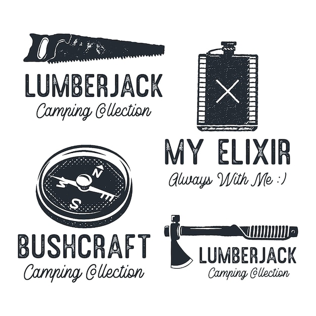 Vintage Camping Silhouette Badges with quotes Lumberjack Camp Collection Travel Monochrome Emblems Hiking Logo Designs Set Stock vector graphics