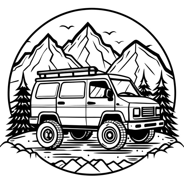 Vintage Camping Van Vector silhouette Camping bus vector Illustration mountain in the background