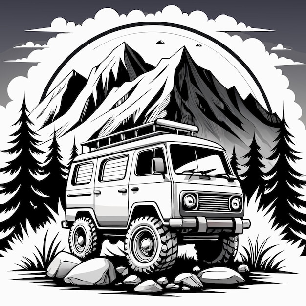 Vintage Camping Van Vector silhouette Camping bus vector Illustration mountain in the background