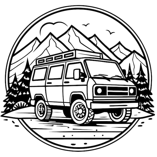 Vintage Camping Van Vector silhouette Camping bus vector Illustration mountain in the background