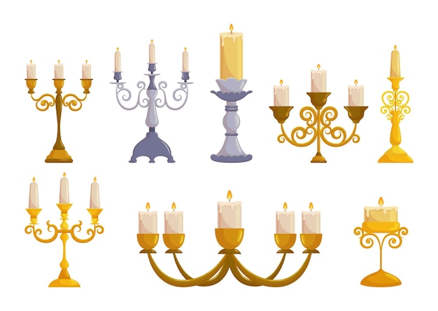 Vector vintage candleholder set crafted from metal features intricate detailing and a rustic finish vector illustration