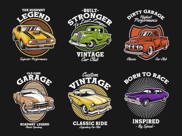 Vector vintage car t shirt design set classic car logo bundle for merch design