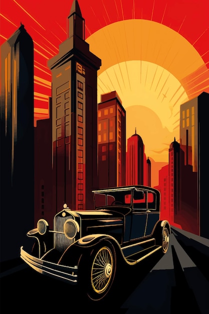 Vintage car in urban sunset