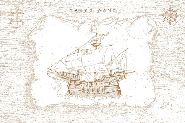 vintage caravel in old engraving style