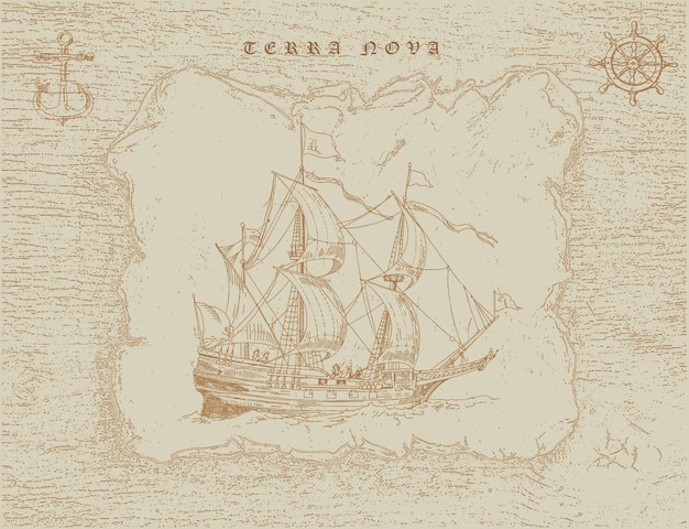 vintage caravel in old engraving style