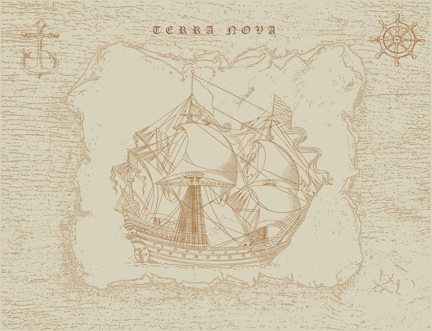 vintage caravel in old engraving style