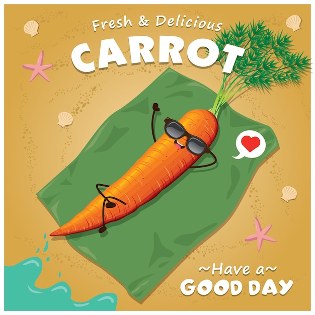 Vintage carrot poster design with vector carrot character.