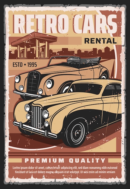 Vintage cars rental service poster. Retro limousine, luxury convertible, cabriolet sedan near filling station grunge illustration. Retro automobiles collector garage with car rent offer banner