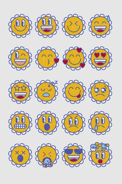 Vector vintage chamomile flower face emoji set retro 90s 80s 70s emoticon