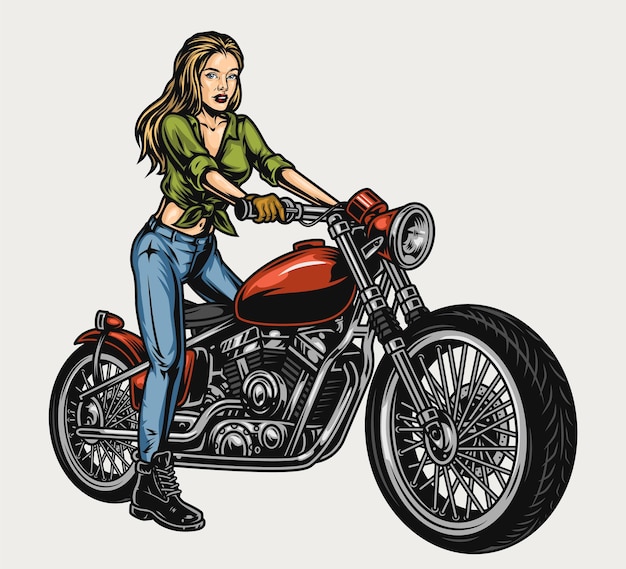 Vintage character of pretty girl on motorbike