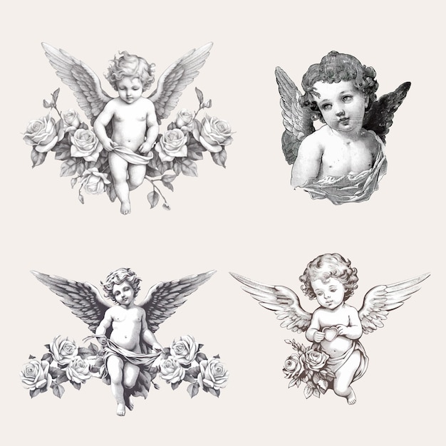 Vector vintage cherubs with floral accents