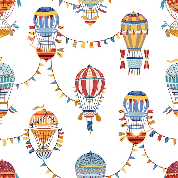 Vintage childish hot air balloon wallpaper. Seamless, repeating pattern for wrapping paper, textile design. Textured backdrop. Flat vector cartoon illustration isolated on white background.