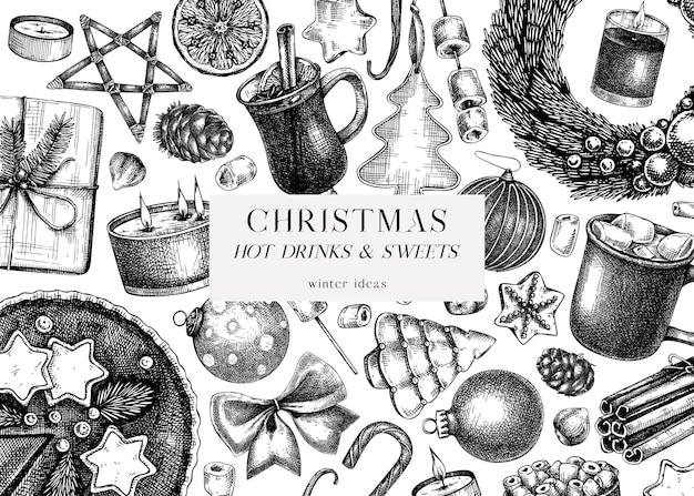 Vintage Christmas banner design Handsketched holiday background