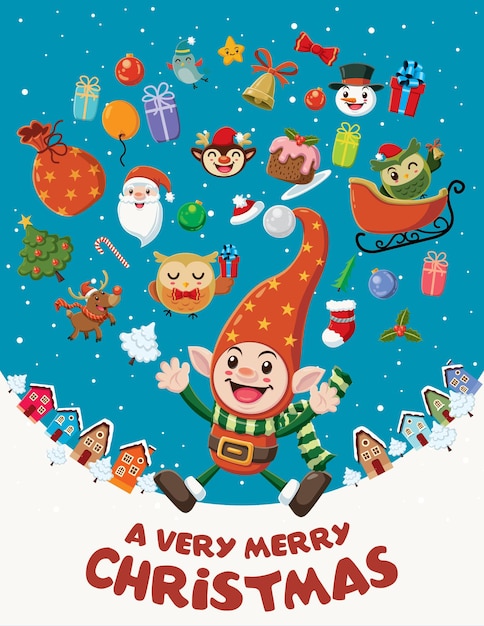 Vintage Christmas poster design with elf characters