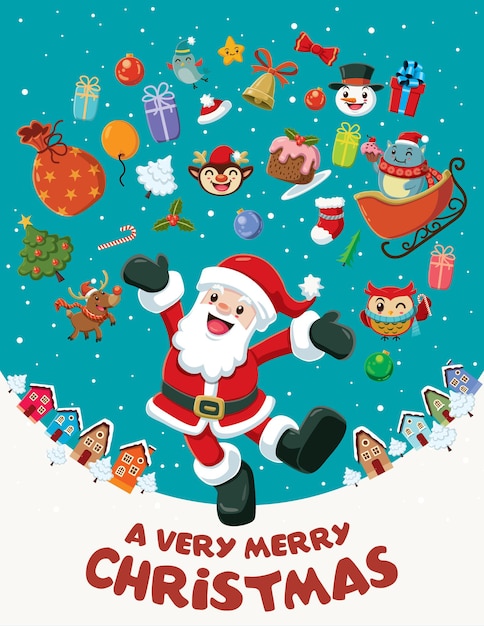 Vintage Christmas poster design with Santa Claus characters