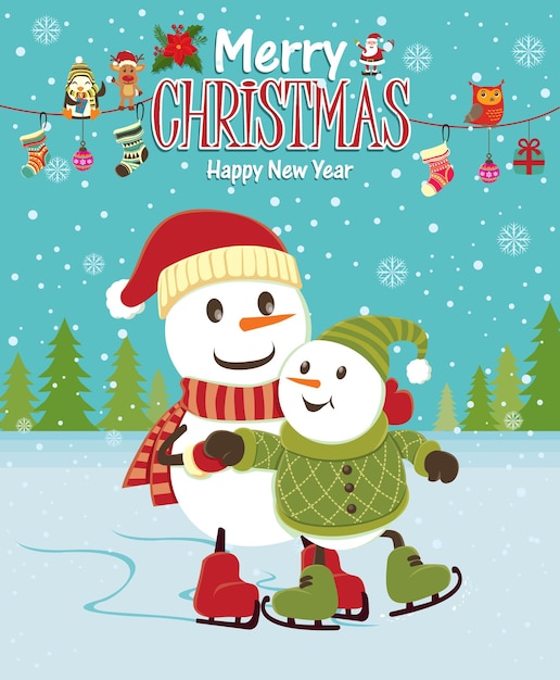 Vintage Christmas poster design with snowman