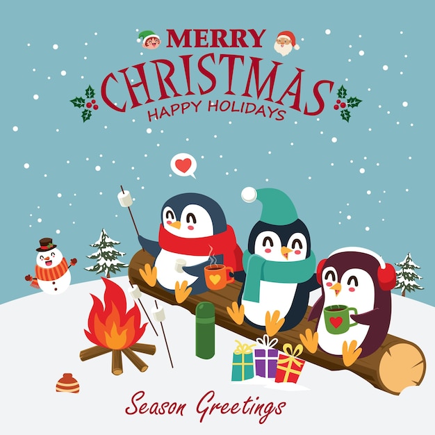 Vintage Christmas poster design with vector penguin snowman Santa Claus elf characters