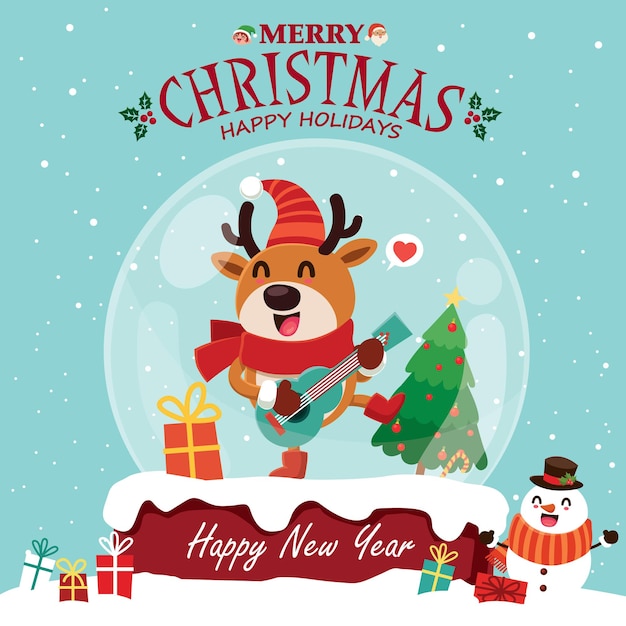 Vintage Christmas poster design with vector Santa Claus elf snowman reindeer  characters