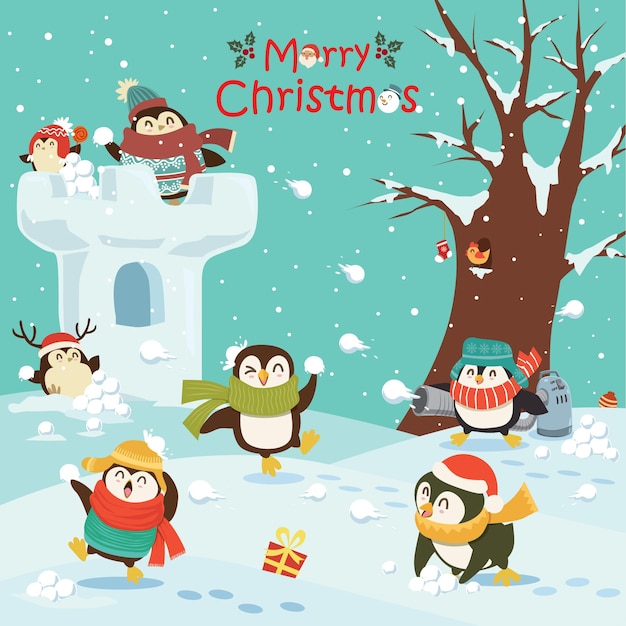 Vintage Christmas poster design with vector Santa Claus snowman penguin characters