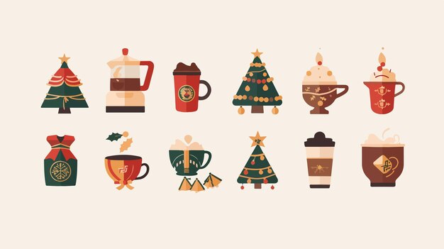 Vector vintage christmas tree coffee icons flat vector isolated