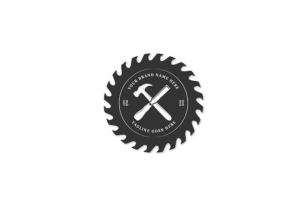 Vintage Circular Saw Blade with Hammer and Chisel for Carpenter or Woodworking Logo Design Vector