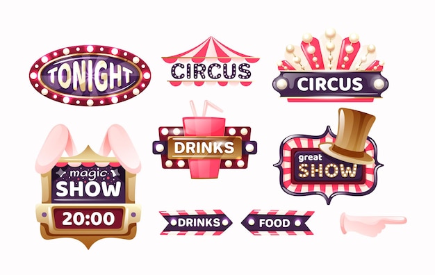 Vintage circus labels sign boards and carnival signboards arrows elements