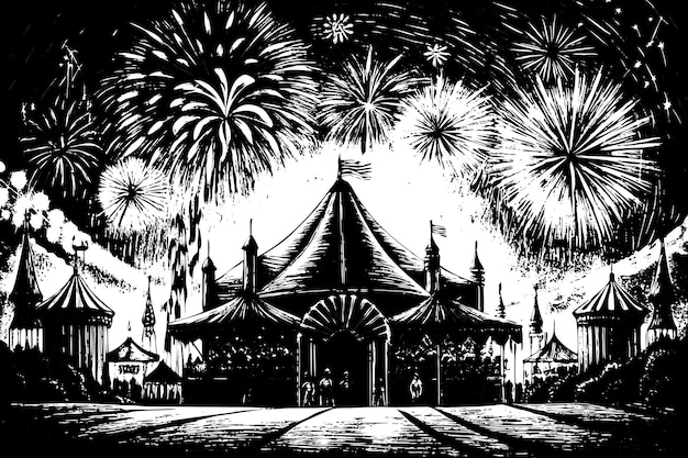 Vector vintage circus tent and fireworks illustration in black and white