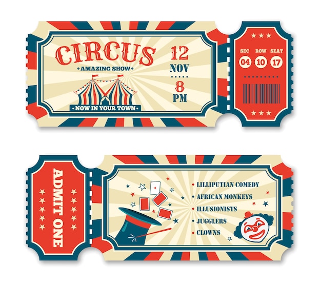 Vector vintage circus ticket template, old carnival entry tickets. retro magic show invitation, fairground or amusement park entrance coupon vector set