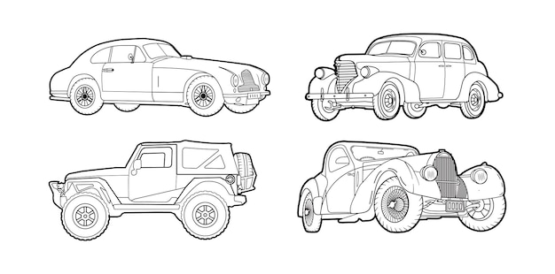 vintage classic car outline vector set