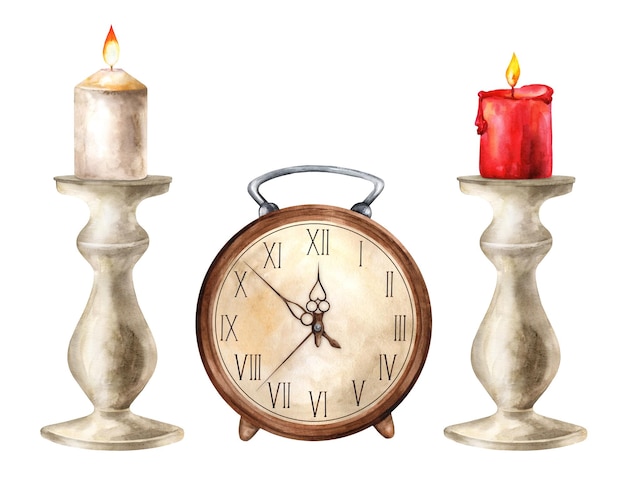 Vintage clock and candlesticks with burning candle