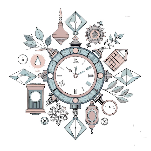 Vector a vintage clock surrounded by various antique objects including a compass a hourglass and a magnifying glass