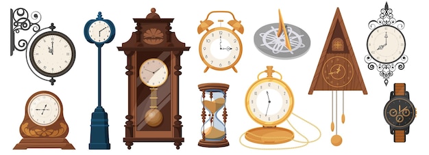 Vector vintage clocks set antique collection with pocket watch and cuckoo clock hourglass