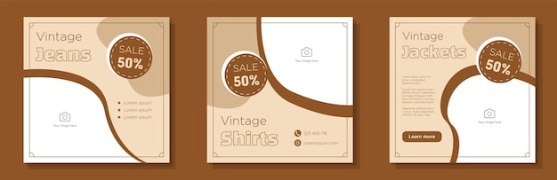 Vintage clothing store social media post banner set second hand clothing merchandise advertisement