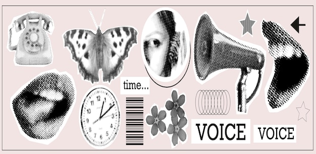 Vintage collage halftone hands mouth clock screaming into a megaphone ear with shell concept of